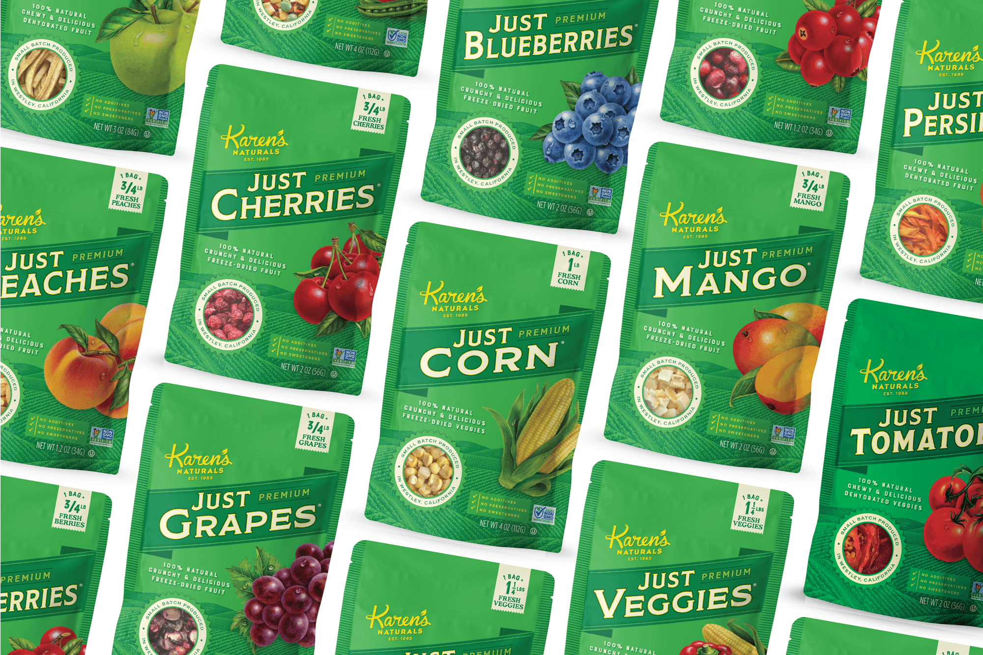 Karen's Naturals new packaging. Lot's of California produce: cherry, blueberry, peaches, grapes, corn, mango, tomatoes, and apples.  