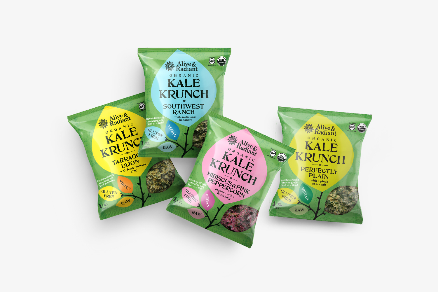4 snack bags of Alive & Radiant Kale Krunch— Tarragon Dijon, Southwest Ranch, Hibiscus & Pink Peppercorn, and Perfectly Plain
