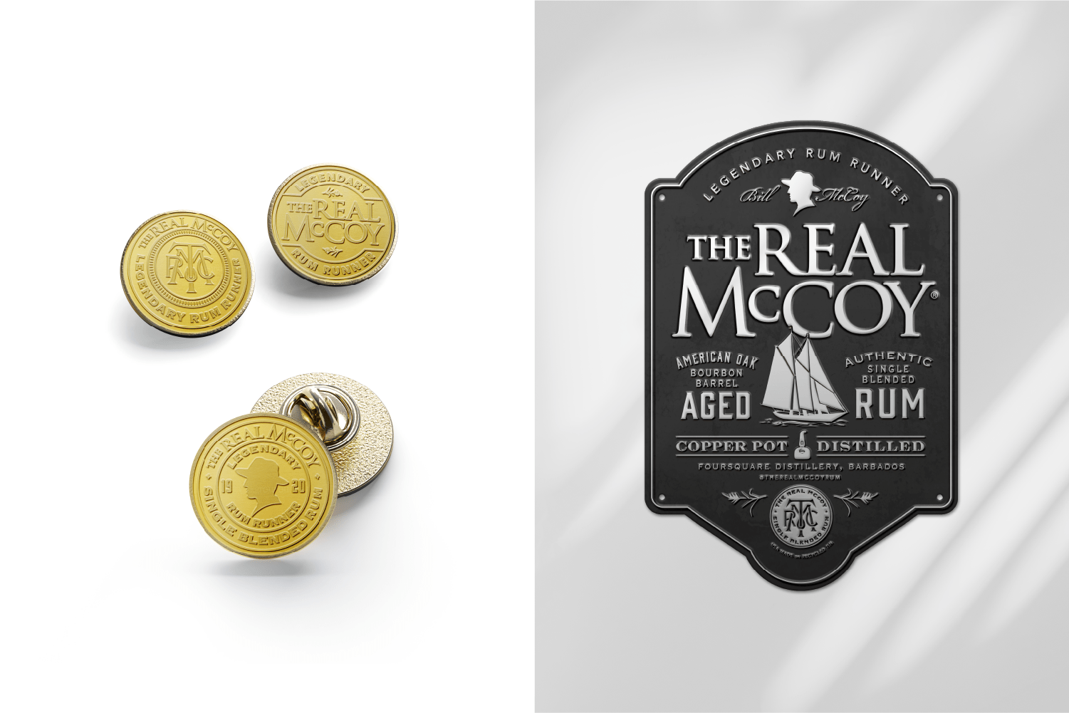 The Real McCoy brass pins and tin tacker branded marketing materials.