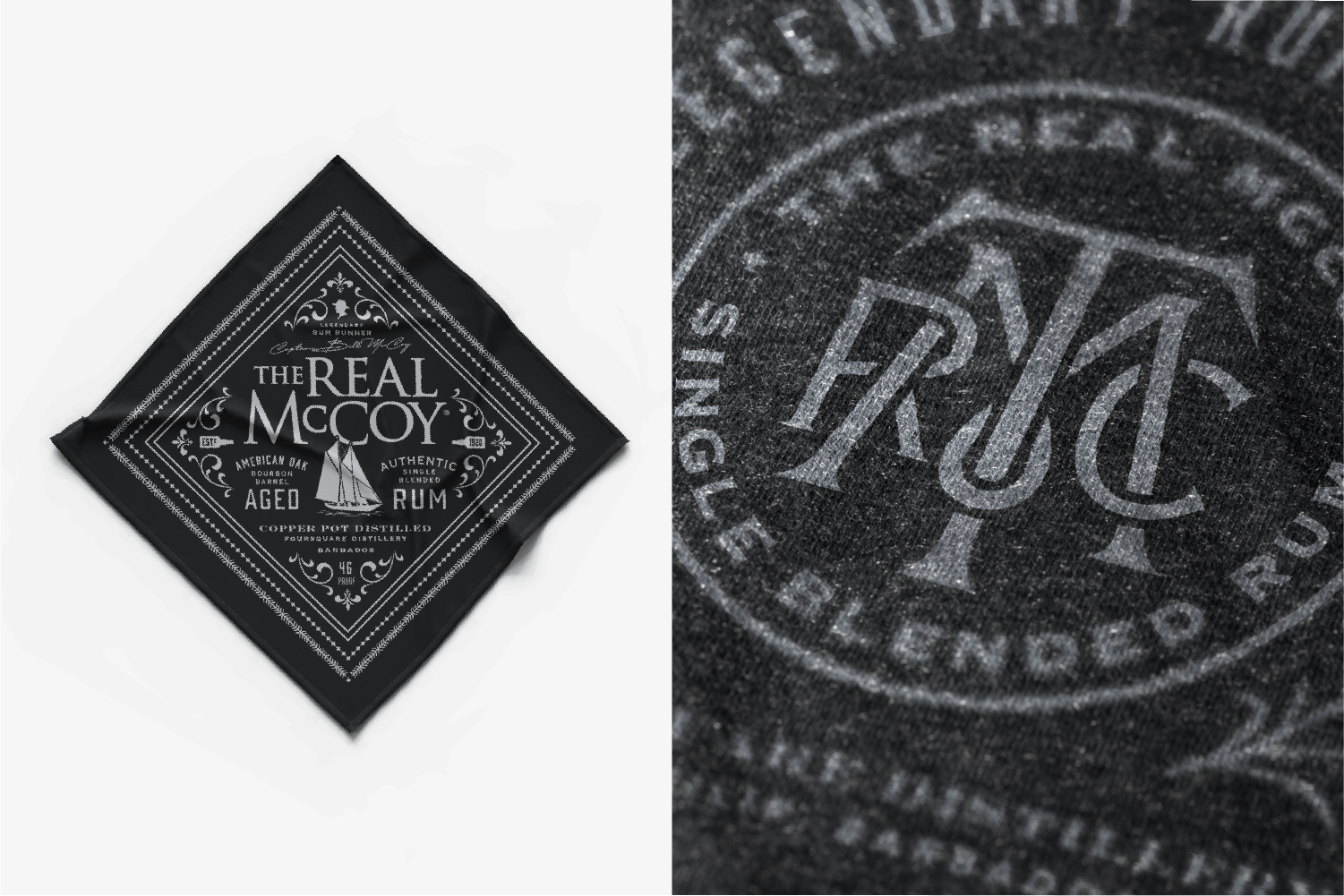 The Real McCoy Bandana and T-shirt design close up branded merchanidse.
