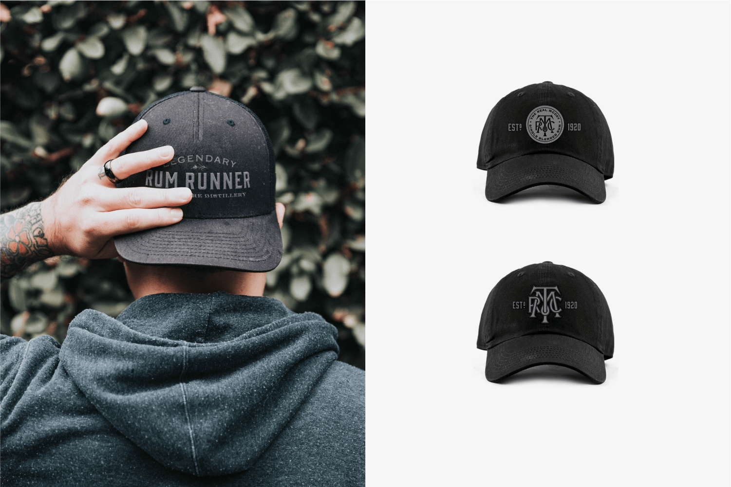 The Real McCoy, Legendary Rum Runner Hats with embroidered logo.