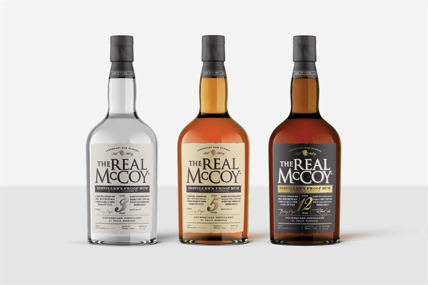 The Real McCoy Single Blended Distiller's Proof Rum, aged 3 years, aged 5 years and aged 12 years.