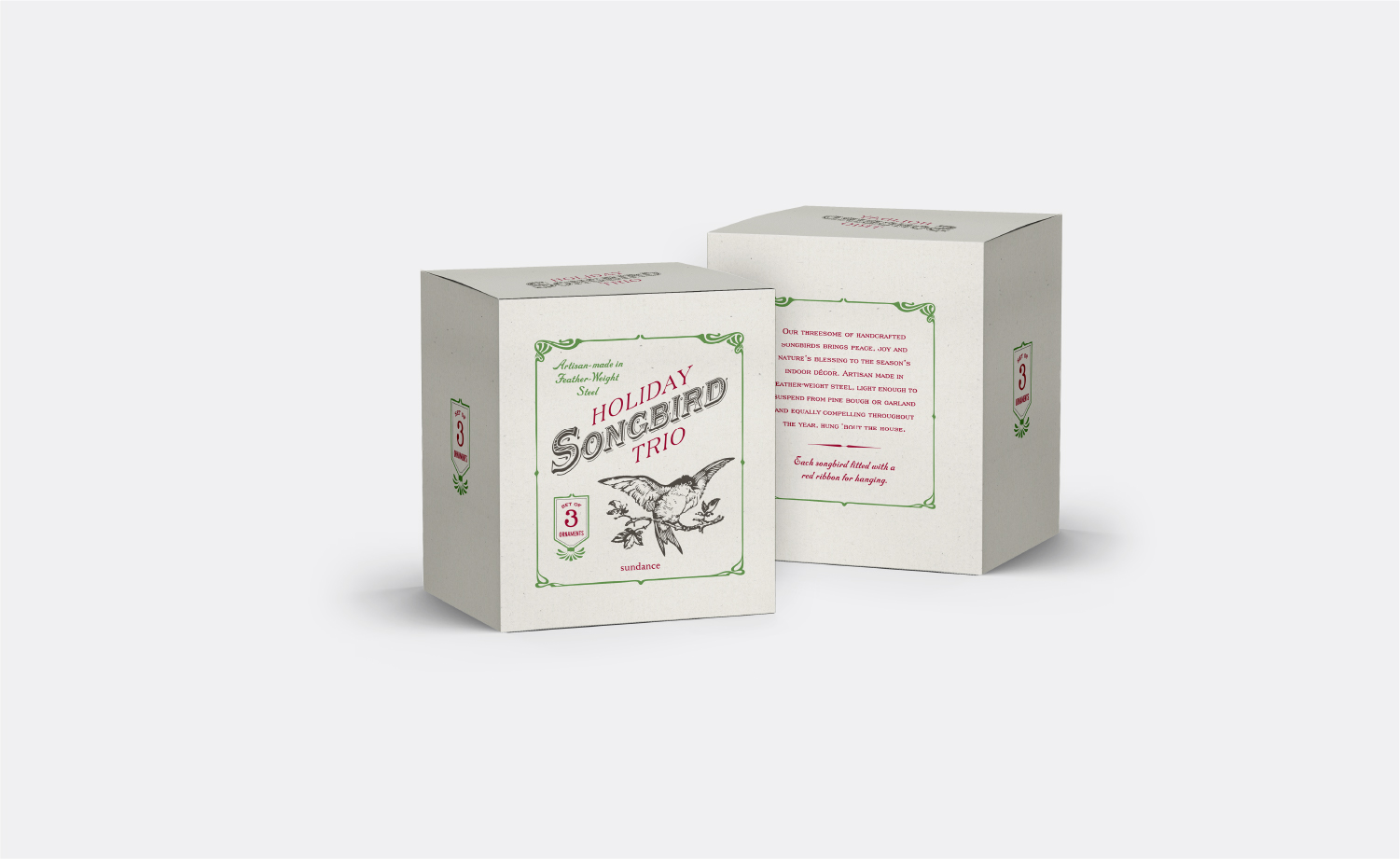 Sundance Catalog Co. Songbird Ornaments packaging.